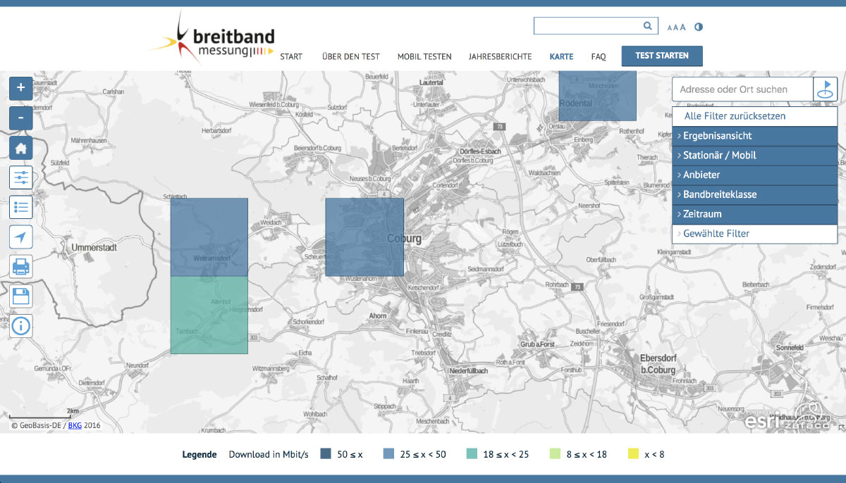 Figure 2: Data quality for the bavarian city of Coburg. Source: breitbandmessung.de, 15.03.2018